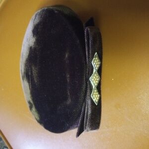 Brown velvet pillbox hat, gold trim, bow